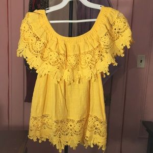 yellow off the shoulder shirt
